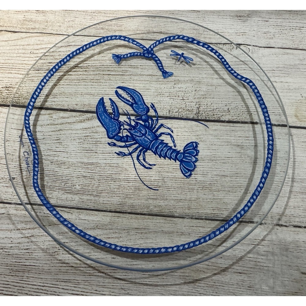 Lynn Chase Clear Glass & Blue Lobster Plates Dishes 8.75" Collectible Ocean Sea